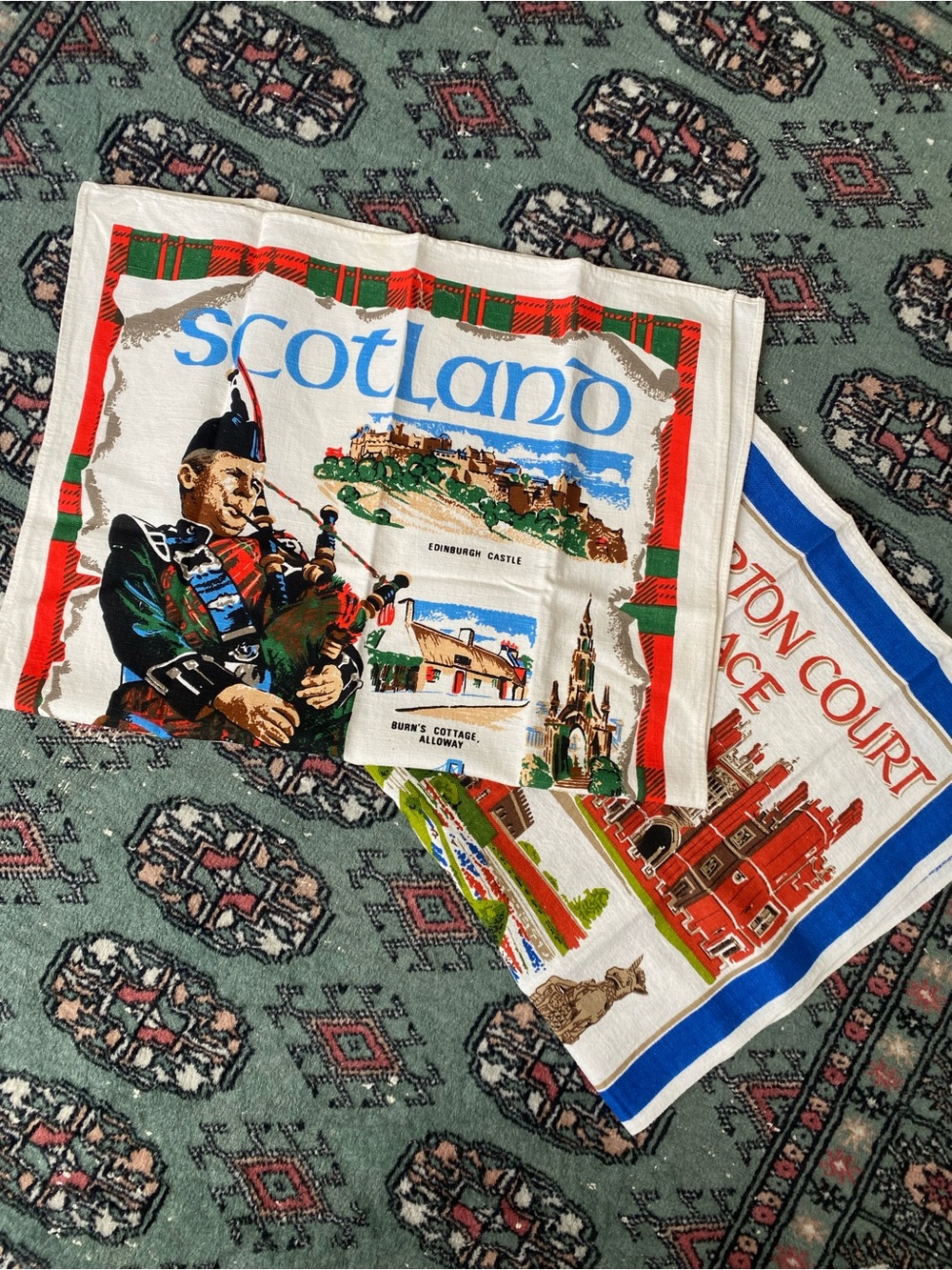 Two vintage Scotland and Ireland tea towels linen and cotton